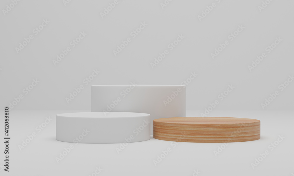 3d rendering. Wood podium on white background. Abstract minimal scene with geometric. Pedestal or platform for display, product presentation, mock up, show cosmetic product - obrazy, fototapety, plakaty 