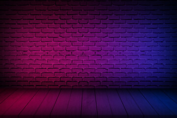 Wall Mural - Neon light on brick wall texture background. Lighting effect red and blue neon background for product display, banner, or mockup.