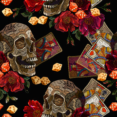 Wall Mural - Embroidery human skull, playing cards and red roses flowers. Medieval fairy tale. Seamless pattern. Fashion clothes template and t-shirt design. Dark gothic halloween art