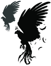 A Black Silhouette Of A Phoenix Bird With A Long Tail And Huge Wings, It Has Clawed Paws, And A Crown Hovers Over Its Head. 2d Illustration