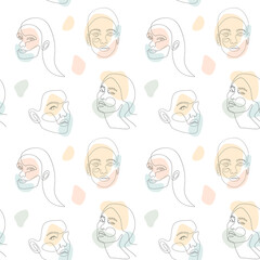 Poster - Continuous one line art woman face with abstract color shapes background. Modern Seamless pattern. Hand drawn geometrical portraits with Pastel color phorm. Vector concept art