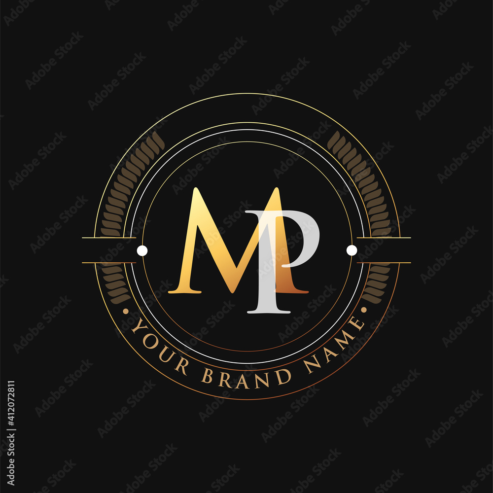 initial letter logo MP gold and white color, with stamp and circle ...
