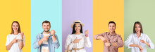 Collage Of Young People With Wristwatches On Color Background