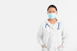 © Pixel-Shot - Portrait of female Asian doctor in medical mask on light background