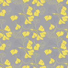 Gingko Biloba Seamless Pattern Background Yellow Grey
