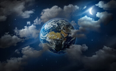 Wall Mural - Planet Earth surrounded by clouds, the moon and stars in the night sky. Fantasy  collage on travel, geography, space, science and education topics. Elements of this image furnished by NASA.