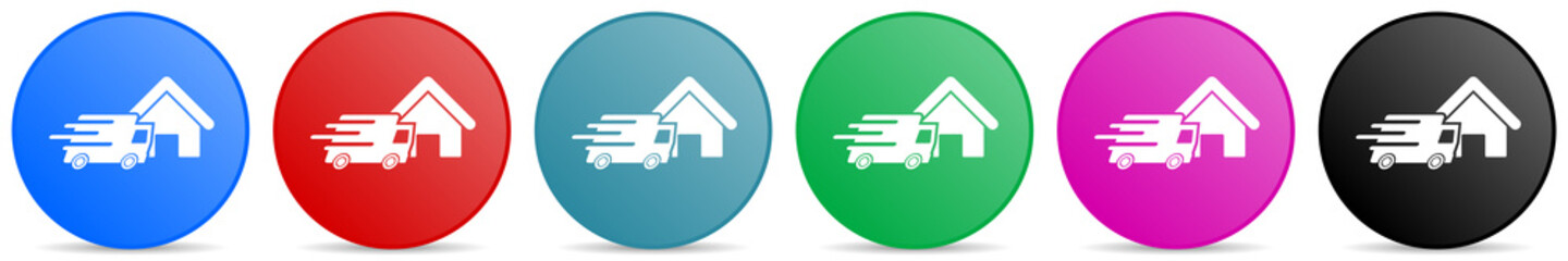 Home delivery, shipping, courier vector icons, set of circle gradient buttons in 6 colors options for webdesign and mobile applications