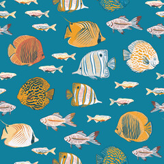 Vector hand drawn aquarium exotic fishes seamless pattern print background.