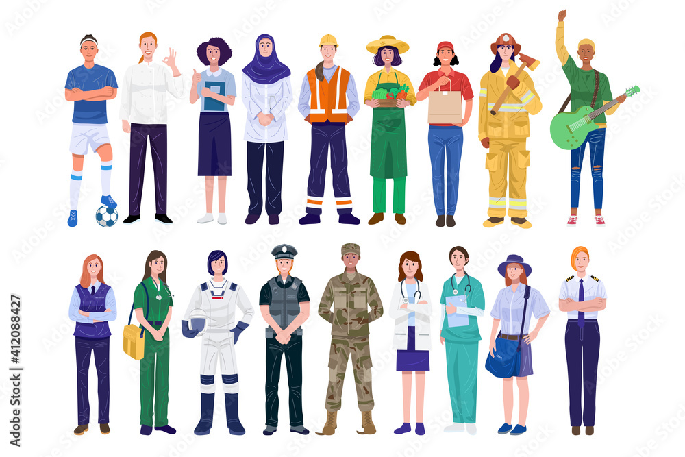International women's day. Group of women with various occupations. Vector - obrazy, fototapety, plakaty 