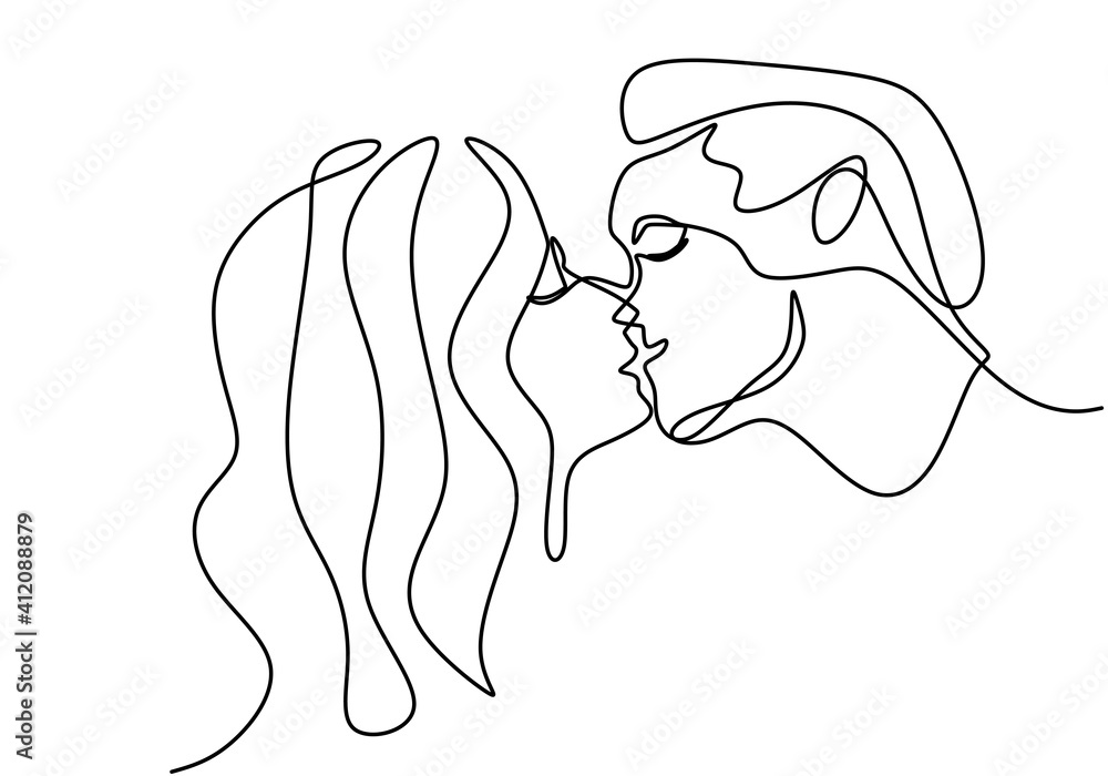 Continuous one line drawing of want to kiss each other. Young romantic ...