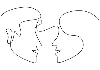 Wall Mural - Continuous one line drawing of man and woman heads on white background. Young romantic couple in face to face pose. Happy Valentine Day. Minimalistic style loving graphic design. Vector illustration