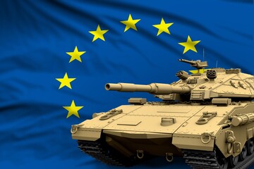 Heavy tank with fictional design on European Union flag background - modern tank army forces concept, military 3D Illustration