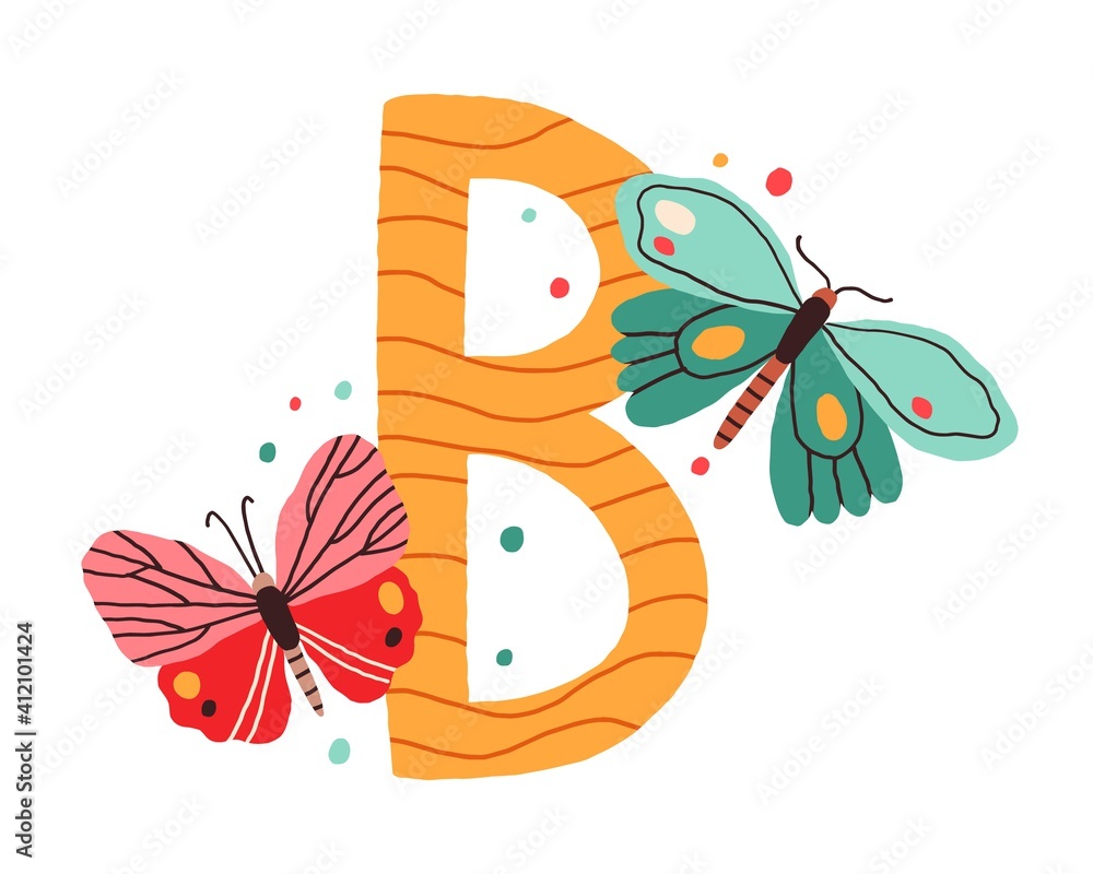 Capital letter B of childish English alphabet with cute butterflies ...