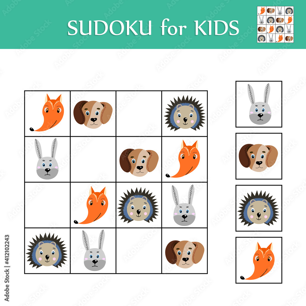 Sudoku game for children with pictures. Logic kids activity sheet ...