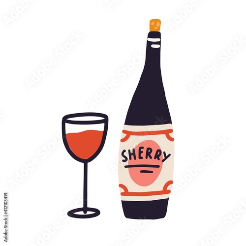 Corked bottle of alcohol and glass of red wine. Drawing wineglass with Spanish drink. Hand-drawn colored flat vector illustration of sherry beverage isolated on white background © Good Studio