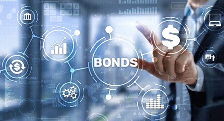 Poster - Businessman clicks a bonds virtual screen. Bond Finance Banking Technology concept. Trade Market Network.