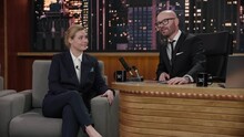 ZOOM IN Late-night Talk Show Host Having A Conversation With Celebrity Female Guest In A Studio. TV Broadcast Style Show. Shot With RED Cinema Camera