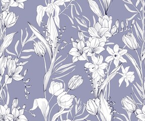 Wall Mural - Floral pattern with beautiful garden flowers, tulips, lilies of the valley, daffodils, freesia. Vector seamless background.