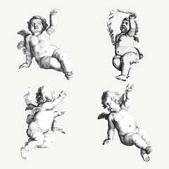 Poster - Vintage cupid, gods and nude woman illustration vector set