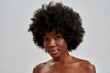 © Svitlana - Beauty portrait of attractive african american young woman with afro hair and perfect smooth glowing skin looking at camera while posing isolated over gray background