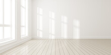 3d Render Of Modern Empty Room With Wooden Floor And Large White Plain Wall.