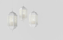 White Lantern With Candle, Lamp With Arabic Decoration, Arabesque Design. Concept For Islamic Celebration Day Ramadan Kareem Or Eid Al Fitr Adha. 3d Rendering Illustration