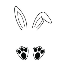 Easter Bunny In Beautiful Style On White Background, Hand Drawn Face Of Bunny. Greeting Card With Happy Easter Writing. Ears And Tiny Muzzle With Whiskers.