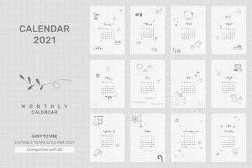 Poster - 2021 calendar printable template vector monthly set cute doodle drawing