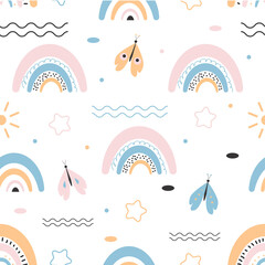  Seamless pattern with cute rainbow and butterfly