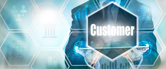 Wall Mural - A Customer business word concept on a futuristic blue display.