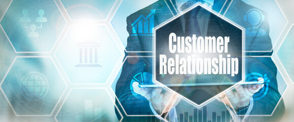 A Customer Relationship business word concept on a futuristic blue display.