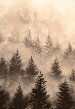 Vertical Oil Painting Misty Foggy Mountain Landscape With Fir Forest And Copyspace In Vintage Retro Hipster Style