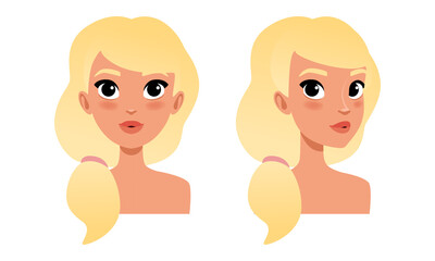 Wall Mural - Cute Blonde Girl with Long Hair, Pretty Young Woman Character Creation Detail, Female Person Avatar Cartoon Vector Illustration