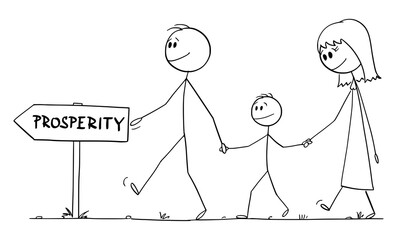 Poster - Parents with son or family walking to prosperity, home finance concept, vector cartoon stick figure or character illustration.