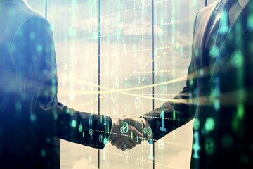 Fototapete - Double exposure of data theme hologram and handshake of two men. Partnership in IT industry concept.