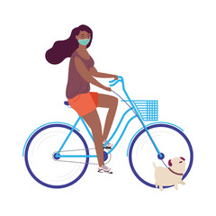 Canvas Print - afro woman wearing medical mask in bicycle with dog outdoor activity