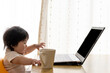 © poko42 - ノートパソコンを使う赤ちゃん。デジタルネイティブ世代イメージ（0歳、生後7カ月、女の子、日本人）