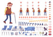 Old man construction set. Senior citizen, retired grandfather wearing glasses, old age pensioner, lonely grandpa. Cartoon flat style infographic illustration, different emotions, skin, hair tones