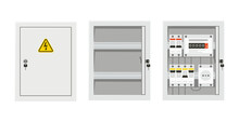 Electrical Power Switch Panel With Open And Close Door. Fuse Box. Isolated Vector Illustration In Flat Style On White Background