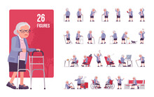 Old Woman Character Set, Pose Sequences. Senior Citizen, Retired Grandmother, Old Age Pensioner, Nice Lonely Grandma. Full Length, Different Views, Gestures, Emotions, Positions
