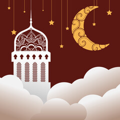 Wall Mural - ramadan kareen celebration mosque and moon hanging in clouds