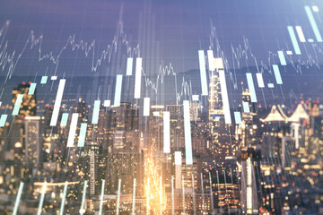 Double exposure of abstract creative financial chart hologram on San Francisco skyscrapers background, research and strategy concept