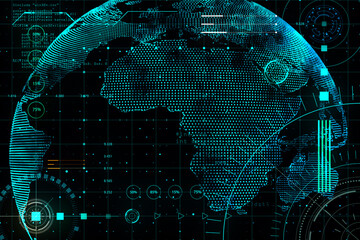 digital screen with abstract interface, glowing signs, programming elements and world map at dark ba