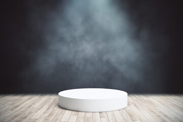 Wall Mural - Abstract concept scene with white blank cylinder podium in the center of wooden floor at dark smoky background. Mockup. 3D rendering