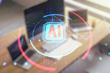 Wall Mural - double exposure of creative artificial intelligence abbreviation and modern desk with computer on ba