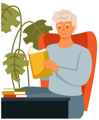 Wall Mural - Man is reading book sitting at a table at home. Young guy sits in armchair isolated on white background. Male character resting at home. Person stays at home, daily life routine, hobby time relaxing