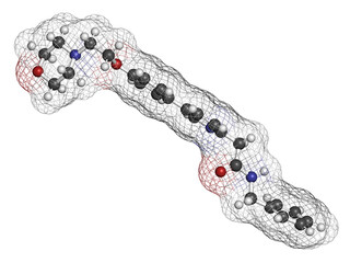 Tirbanibulin actinic keratosis drug molecule. 3D rendering. Atoms are represented as spheres with conventional color coding: hydrogen (white), carbon (grey), nitrogen (blue), oxygen (red).