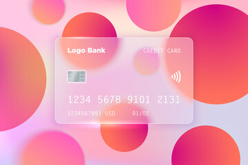 Vector image in the style of glass morphism. Translucent bank card on a bright background. Frosted transparent glass and colored colorful circles. Place for your text.