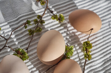 Natural chicken eggs close-up on a white fabric, decorated with green sprigs