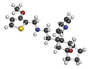 Wall Mural - Oliceridine painkiller drug molecule. 3D rendering. Atoms are represented as spheres with conventional color coding: hydrogen (white), carbon (grey), nitrogen (blue), oxygen (red), sulfur (yellow).